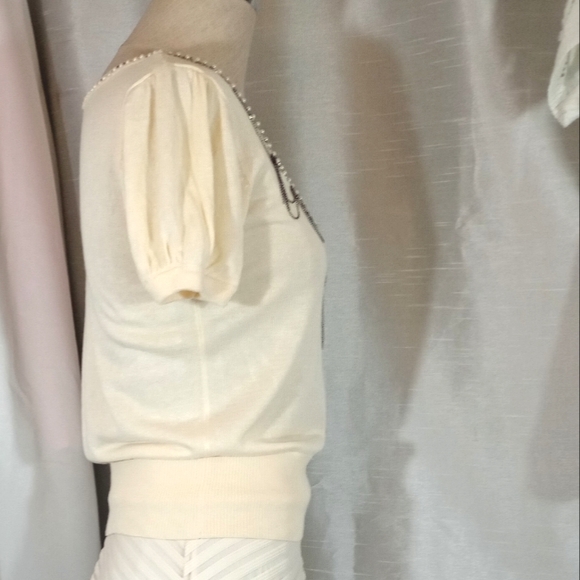 Vintage Short Sleeve Sweater, Women, Beadede Floral, Drop Chains, Ivory/Pink, S - Picture 4 of 7